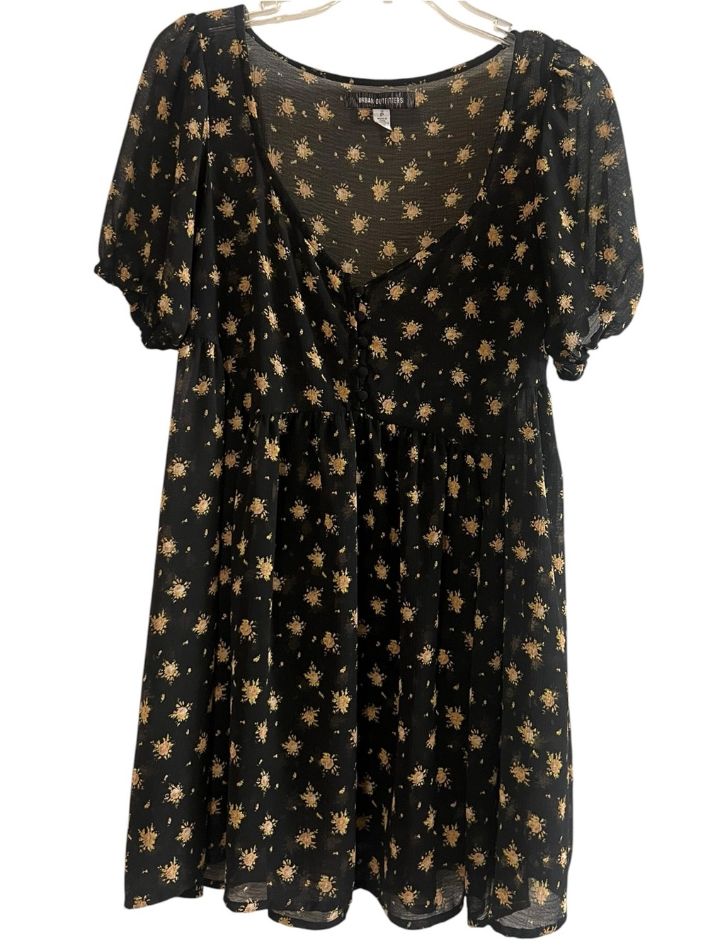 Urban Outfitters Black Floral Puff Sleeve Babydoll Mini Dress Small